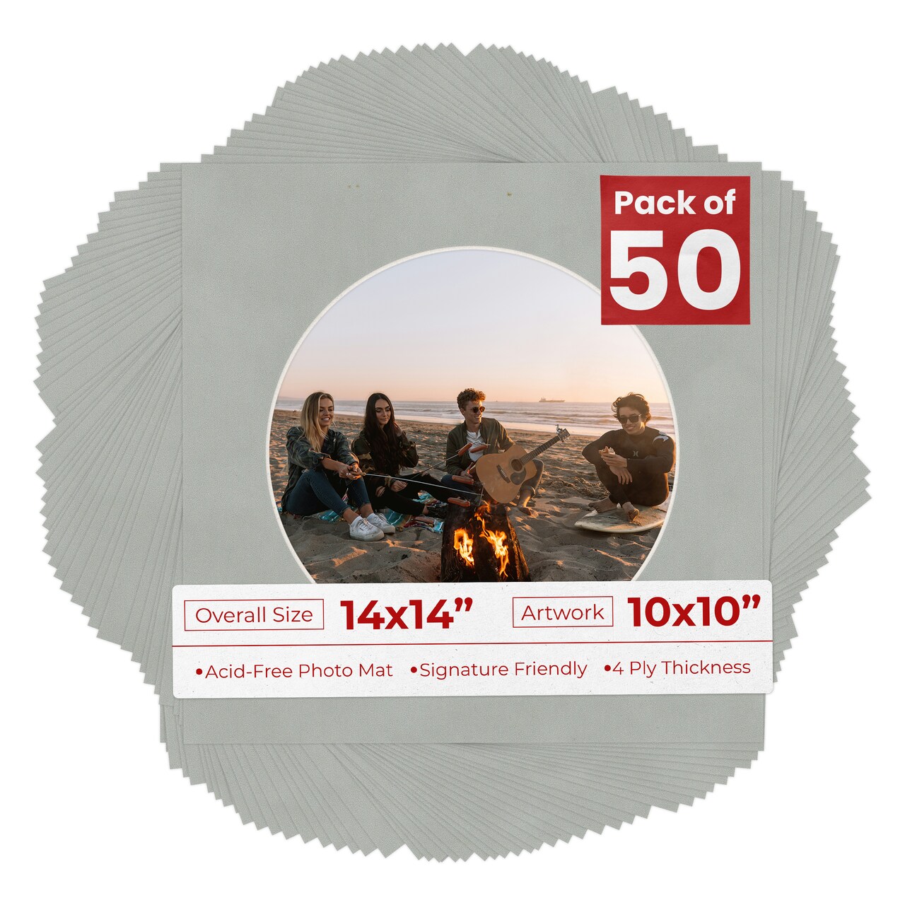 Light Grey Suede Mat Board for 14x14 Frames - Circle Opening for 10x10 Photos